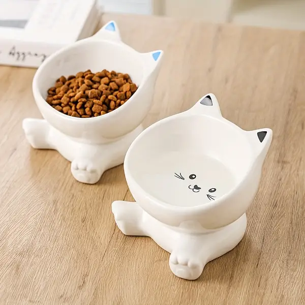 Elevated Ceramic Cat Bowl, Cartoon Cat Design Anti-Overturning Cat Inclined Cat Bowl Water Dish For Neck Cervical Spine Protection