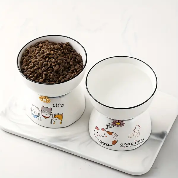 Elevated Ceramic Cat and Dog Food Bowl Set - Cute Design, Easy to Clean, Promotes Healthy Eating