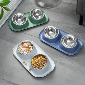 Double Pet Bowls Dog Cat Basic Food And Water Bowl Set Stainless Steel Feeding Bowls