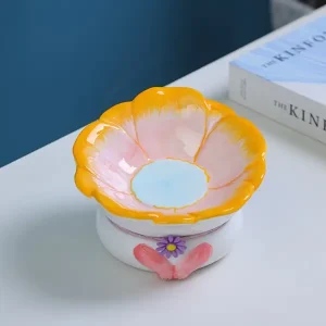 1pc 3pcs Hand Painted Sunflower Design Ceramic Raised Cat Bowls, Tilted Elevated Food Or Water Bowls, Porcelain Stress Free Feeding Pet Bowl Dish, Backflow Prevention