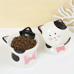 Elevated Ceramic Cat Bowl - Black & White Cartoon Design, Neck-Friendly Feeding Dish for Cats and Small Dogs