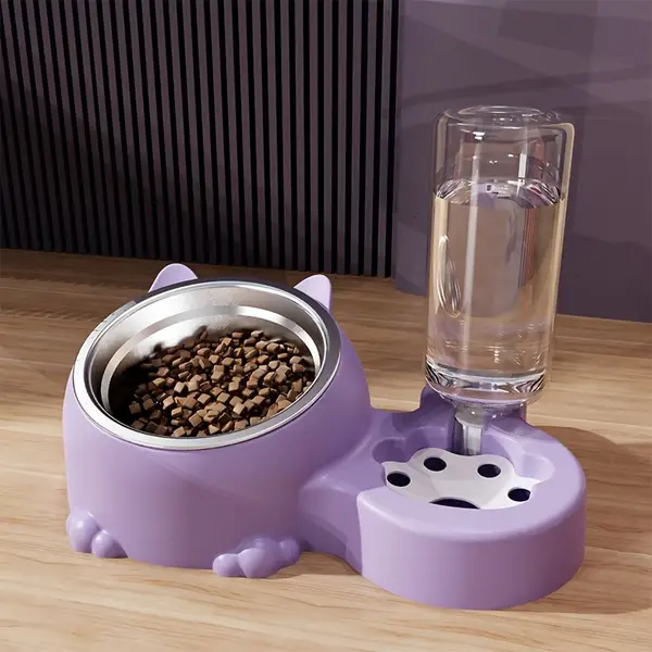 Elevated Cat Double Bowls With Automatic Water Dispenser, Anti-Overturning, Stainless Steel Cat Inclined Food Bowl Water Bowl For Neck Protection