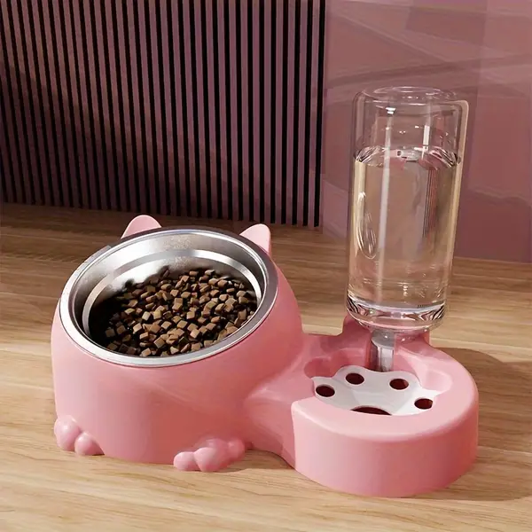 Elevated Cat Double Bowls With Automatic Water Dispenser, Anti-Overturning, Stainless Steel Cat Inclined Food Bowl Water Bowl For Neck Protection