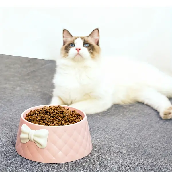 1pcs Pet Bowls for Cats and Dogs - Charming Bow Design, Food-Grade Plastic Feeding Dish, Non-Battery Pet Food & Water Bowl