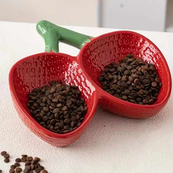 Elevated Ceramic Cat Double Bowls, Strawberry Design 2 In 1 Cat Food And Water Bowl For Cervical Protection, Cat Slanted Mouth Bowl