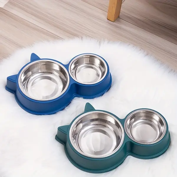 Home Style Cat Shaped Stainless Steel Cat Bowl Double Bowl, Cat Food Bowl, Water Bowl, Large And Small Bowls.