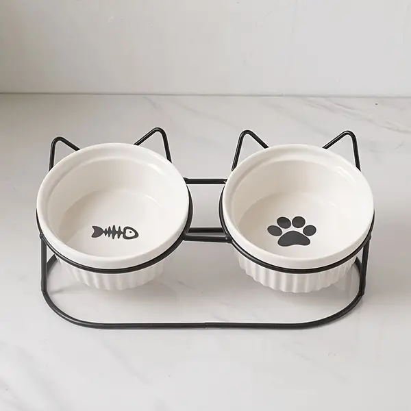 1 Set Non-Slip Ceramic Cat Food And Water Bowls With Iron Bracket, Elevated Tilted Cat Feeder Bowls Promotes For Healthy Eating And Reduces Neck Strain