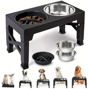 Adjustable Dog Bowl Stand with 3 Bowls: 5 Heights, Stainless Steel, Slow Feeder, for Small, Medium, Large Dogs