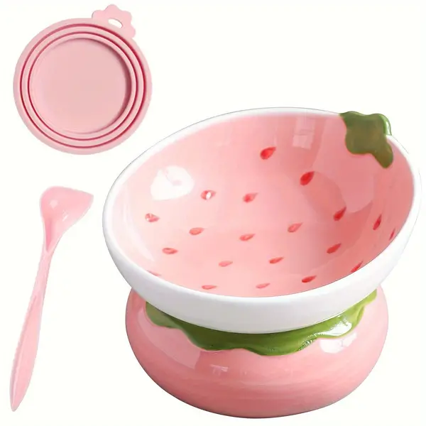 Strawberry Shape Ceramic Raised Cat Feeder Bowl With Silicone Pet Food Canned Cover And Feeding Spoon Pet Tableware