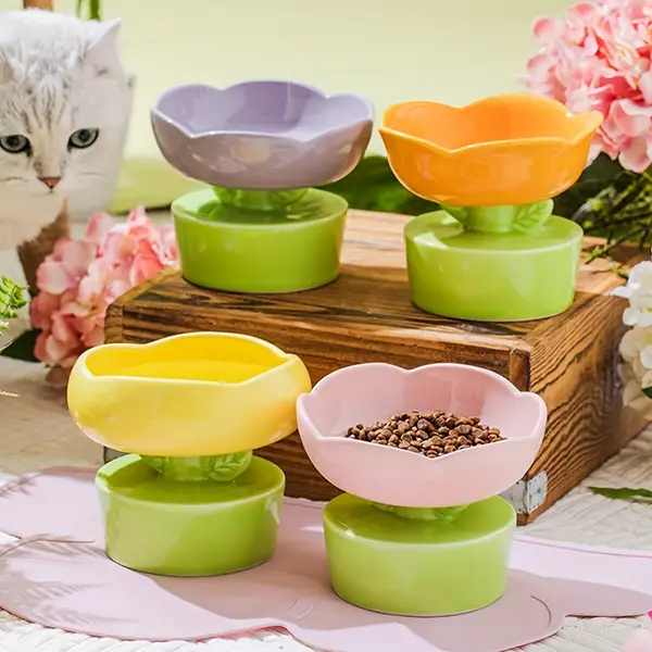 A Ceramic High-footed Cat Bowl With Flower Pattern, Suitable For Cats To Eat And Drink, Preventing Spills, Suitable For Cats And Dogs