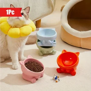 1pc Ceramic Cat Bowl, Elevated Cat Food Bowl Water Bowl For Neck Protection, Tilted Cat Feeder Bowl