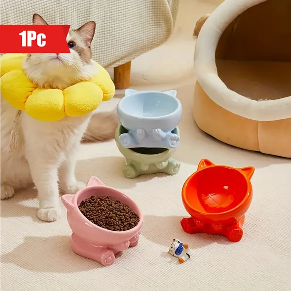 1pc Ceramic Cat Bowl, Elevated Cat Food Bowl Water Bowl For Neck Protection, Tilted Cat Feeder Bowl