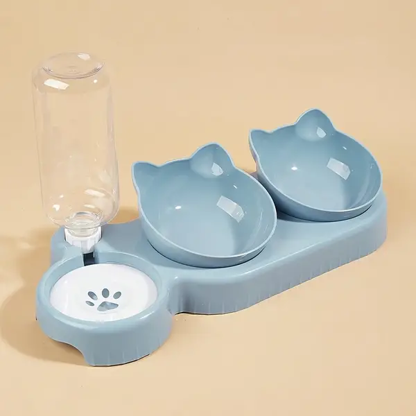 3-in-1 Pet Feeding Set: Tilted Cat Bowls with Gravity Water Bottle and Ear Design for Neck Protection