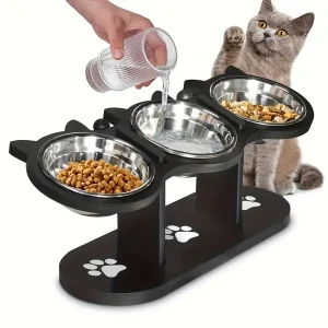 Elevated Pet Food & Water Bowls for Cats & Dogs: 15?? Tilted Stand with 3 Stainless Steel Bowls