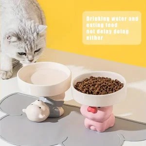 Elevated Ceramic Cat Bowl with Cute Duck Design - Anti-Tip, Neck-Friendly Feeding & Water Dish for Cats and Small Dogs