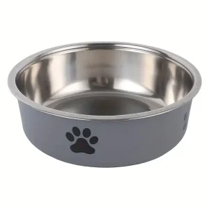 1pc Durable Stainless Steel Paw Print Dog Bowl with Anti-Slip Base for Food & Water