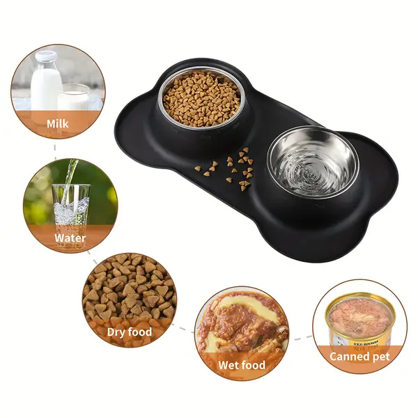 Silicone Dog Bowl Set with Non-Spill Skid-Resistant Mat - Pet Feeding and Watering Station for Small to Medium Dogs and Cats, Irregular Bone Shape, Dual Stainless Steel Bowls